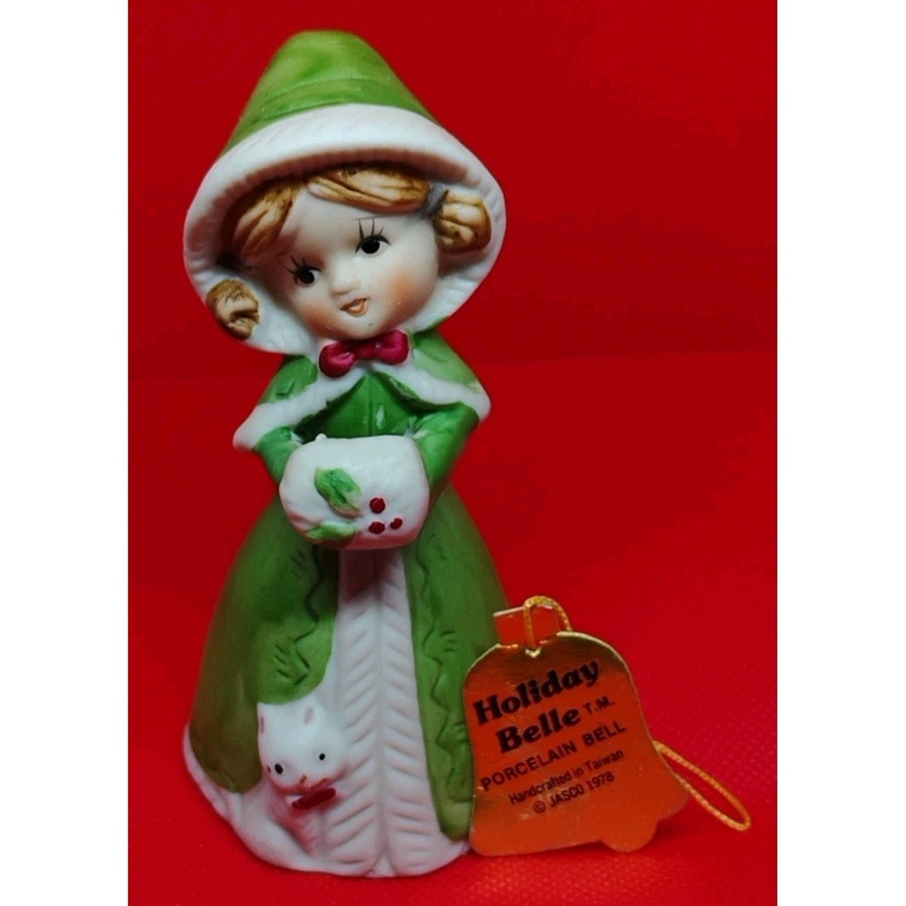 Jasco 1978 Holiday Belle Porcelain Bell Girl With Cat Puffer Hand Warmer‎ W/Tag